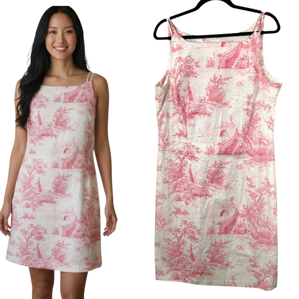CDC Vintage Pink Toile European Glitter Sleeveless Knee Length Sheath Dress 16